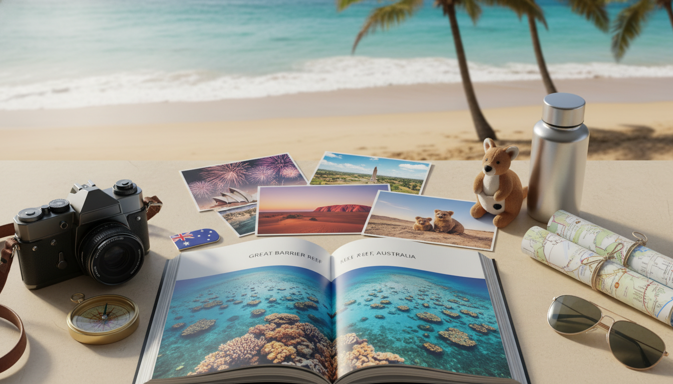 A beautifully arranged flat lay of travel essentials showcasing top Australian destinations. Foreground features a stylish travel guidebook open to a vibrant page on the Great Barrier Reef, surrounded by a high-quality camera, a compass, and various travel maps. In the middle, there’s an elegantly curated selection of postcards displaying iconic sites like the Sydney Opera House and Uluru, lightly scattered around. The background reveals a soft-focus beach scene with gentle waves and palm trees, capturing the warmth of an Australian sun. Natural light filters in, creating a bright and inviting atmosphere that inspires wanderlust. The image conveys a sense of adventure, professionalism, and the excitement of exploring Australia, perfectly embodying the essence of expert travel recommendations.