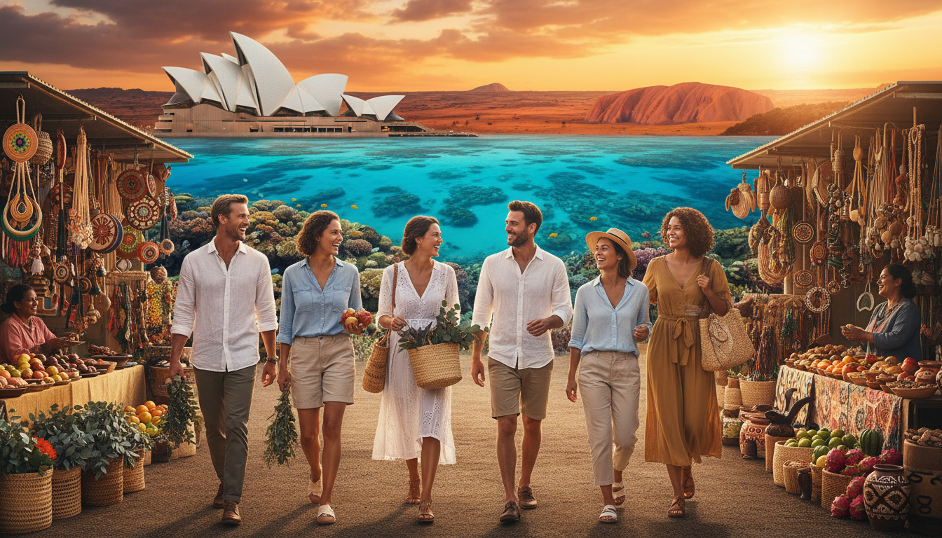 A breathtaking scene showcasing highly recommended Australian travel experiences. In the foreground, a diverse group of travelers, dressed in smart casual attire, smiles as they explore a vibrant local market filled with native produce and artisan crafts. In the middle ground, iconic landmarks like the Sydney Opera House and the Great Barrier Reef are visible, symbolizing Australia's unique attractions. The background features a stunning sunset over the rugged outback, casting warm golden hues over the landscape. The atmosphere is lively and inviting, filled with the sounds of laughter and chatter. Use soft, natural lighting to enhance the vibrant colors of the market and landmarks, focusing on a wide-angle lens to capture the expansive beauty of the Australian scenery.