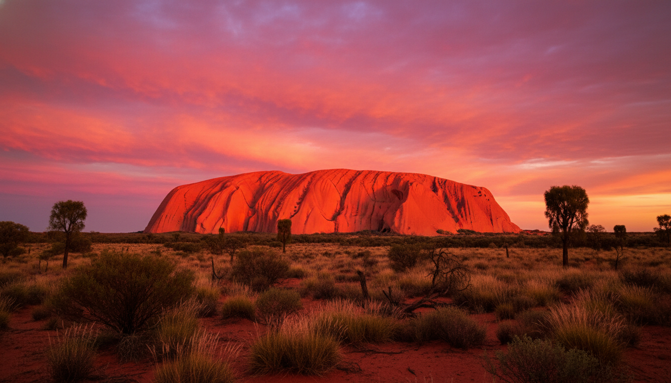 A breathtaking wide-angle shot of Uluru at sunset, showing the rock glowing deep red against a purple and orange sky.