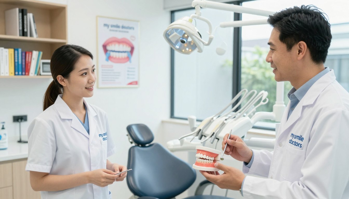 A bright and inviting dental clinic scene in Parramatta, showcasing insights from dental experts. In the foreground, two professional dental practitioners, a woman and a man, both in white lab coats with "my smile doctors" branding, are engaged in a discussion, holding dental tools and a model of teeth. Their expressions are friendly and knowledgeable. The middle ground features shelves with dental books and a poster illustrating oral hygiene tips, while a comfortable dental chair is positioned nearby. The background shows large windows letting in natural light, creating a calm and welcoming atmosphere. The lighting is soft yet bright, emphasizing the cleanliness and professionalism of the space. The overall mood is informative and reassuring, perfect for dental health education.