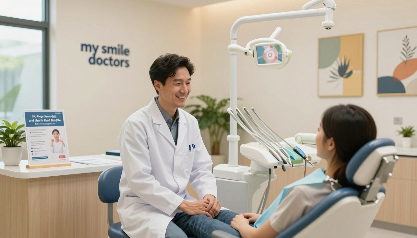 A bright and welcoming dental clinic interior, featuring a modern reception area with a stylish desk displaying a "No Gap Guarantee and Health Fund Benefits" poster subtly integrated into the decor. In the foreground, a friendly dentist in professional attire, smiling and engaging with a patient seated in a comfortable dental chair. The patient looks relaxed and at ease, embodying the idea of an anxiety-free experience. The middle ground shows dental tools and equipment neatly organized, emphasizing professionalism. Soft, warm lighting creates a cozy atmosphere, with natural light filtering through large windows. The background showcases calming artwork and greenery, enhancing the soothing environment. Include the brand name "my smile doctors" prominently in the scene, ensuring it aligns with the overall positive and reassuring mood of the image.