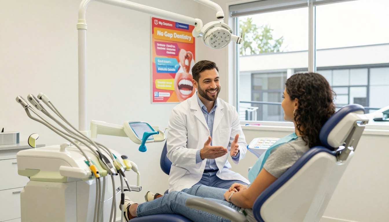 A bright and welcoming dental office interior of "My Smile Doctors" in Parramatta, showcasing a clean, modern design with dental chairs and equipment in the foreground. A friendly, professional dentist dressed in business attire is engaging with a patient, who is smiling and relaxed, conveying a sense of trust and comfort. In the middle ground, vibrant posters illustrating dental benefits and health fund information can be seen, emphasizing “No Gap Dentistry.” The background features large windows with natural light streaming in, enhancing the inviting atmosphere. Use a warm color palette to create a positive, uplifting mood. Capture the scene from a slightly elevated angle to provide depth and detail, focusing on the interaction and modern dental technology.