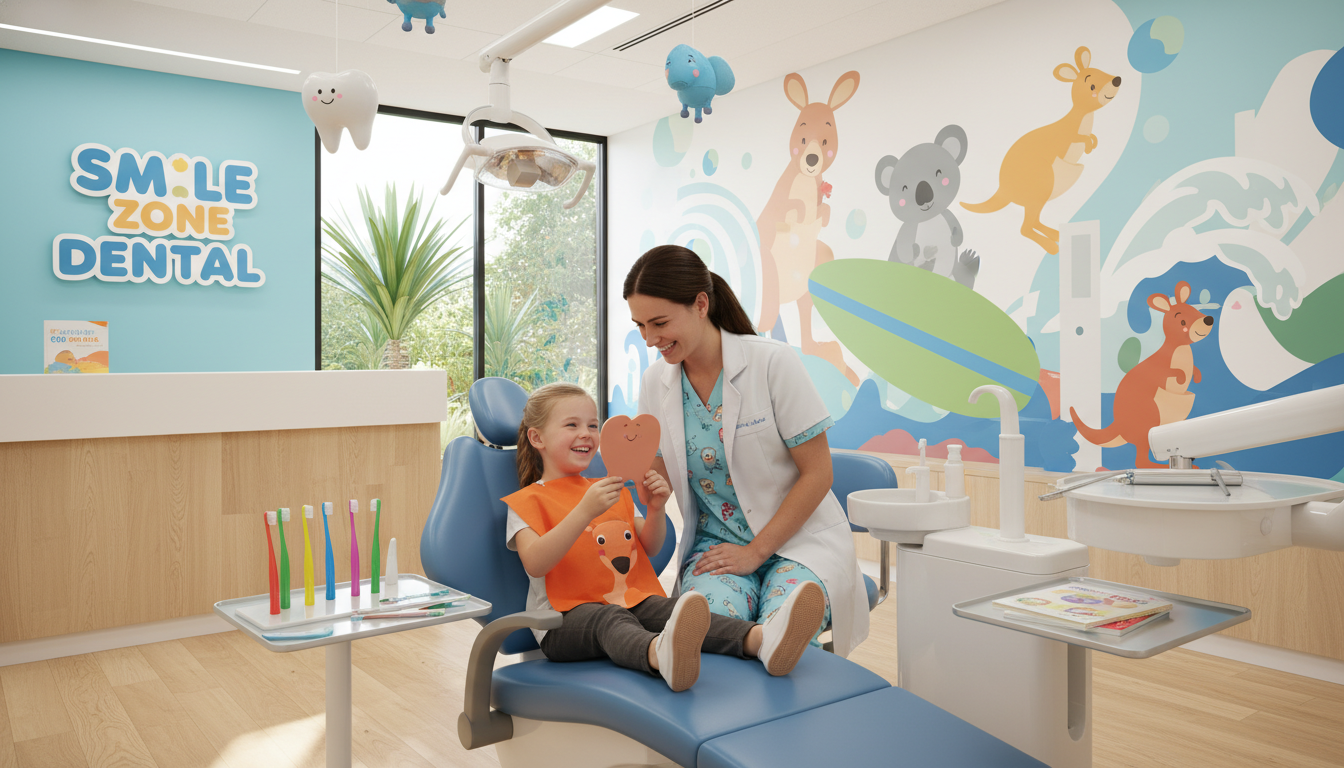 A bright, friendly dental clinic interior with colourful decorations, a smiling oral health therapist, and a happy child sitting in a dental chair, Australian style.