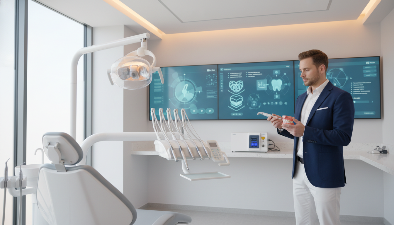 A bright, modern dental clinic interior showcasing advanced technology tools for optimal dental results. In the foreground, a sleek dental chair with integrated high-tech devices like a 3D imaging system and digital scanners. To the right, a dental professional in smart business attire, focused on operating a laser treatment tool, demonstrating precision and expertise. In the middle background, advanced dental equipment displayed on a clean countertop, including high-speed drills and ergonomic instruments. The walls are adorned with digital screens showing interactive dental care visuals. Soft, natural lighting with a warm ambiance illuminates the scene, creating a welcoming atmosphere. The perspective is slightly angled to provide depth, emphasizing the state-of-the-art equipment while ensuring a professional, calming environment promoting high-quality dental solutions.