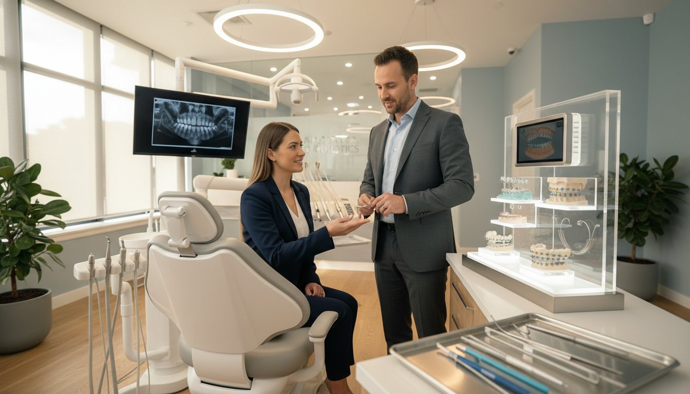A bright, modern dental clinic room in Parramatta with an orthodontic display, focusing on clear aligners and traditional braces, soft warm lighting, professional photography.
