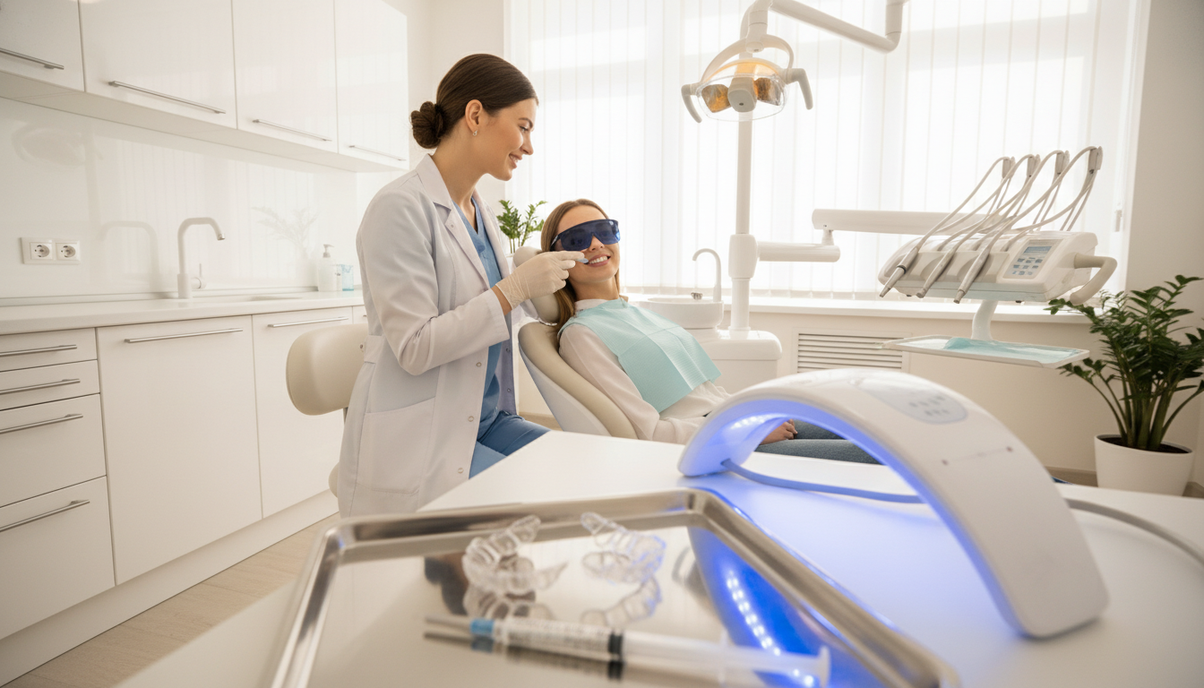 A bright, modern dental office with a professional-looking dentist in a crisp white lab coat, gently demonstrating a teeth whitening procedure on a smiling patient in a comfortable dental chair. The foreground features a close-up of dental tools like whitening trays and a bright, advanced whitening light. In the middle, the dentist confidently explains the process, with the patient looking relaxed and engaged. The background includes sleek dental equipment, clean countertops, and a large window letting in soft, natural light that enhances the bright, sanitized environment. The overall mood is calm, professional, and reassuring, emphasizing the effectiveness and care involved in professional teeth whitening. The image should convey a sense of professionalism and trust, inviting viewers to consider the benefits of this dental service.