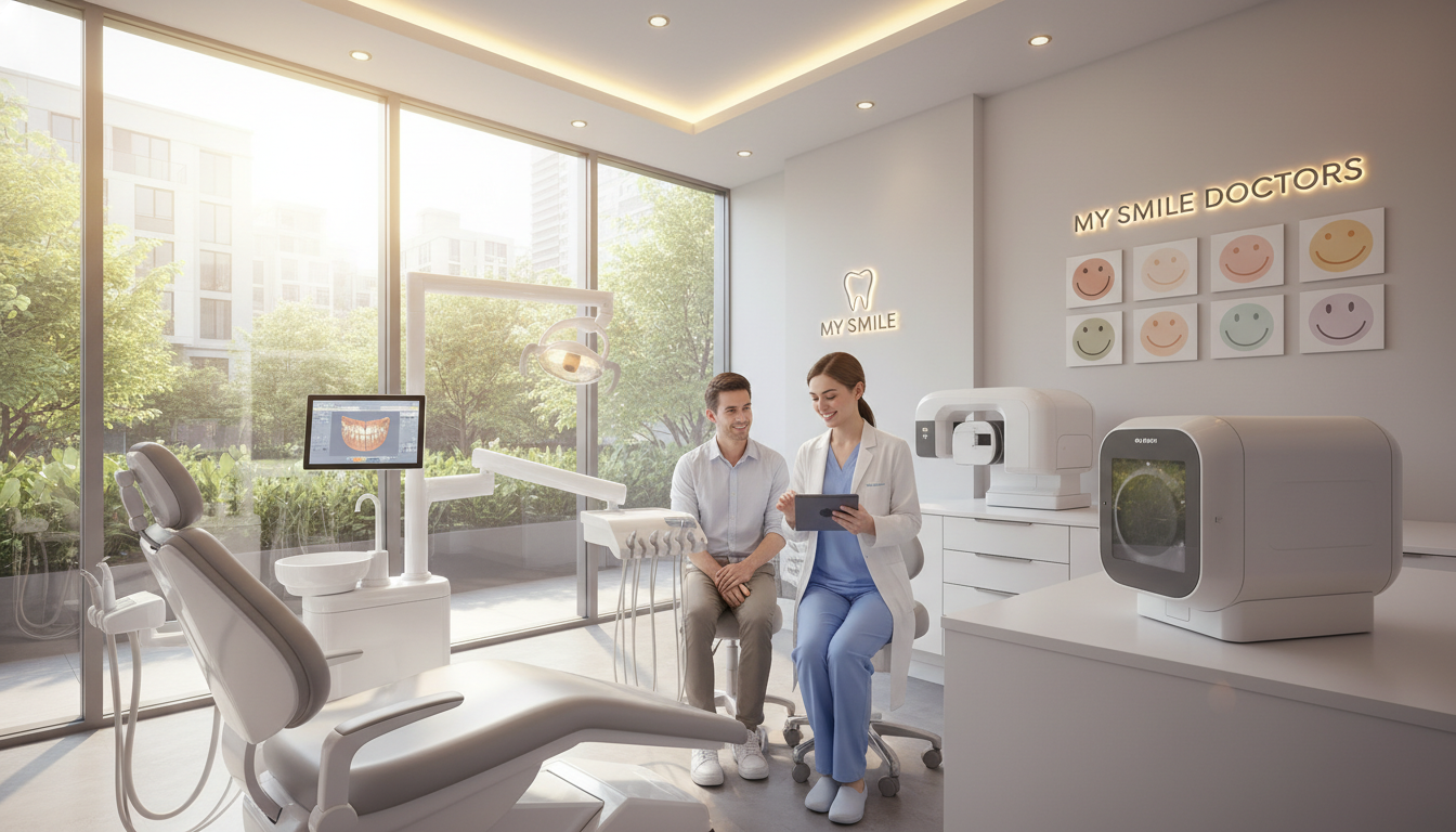 A bright, modern dental surgery interior showcasing advanced diagnostic tools. In the foreground, a sleek dental chair with comfortable cushioning and integrated technology. On the adjacent counter, high-tech diagnostic equipment like a digital X-ray machine and 3D imaging device are visible. In the middle ground, a dentist in professional attire examines a patient's digital record on a tablet, illustrating the integration of technology in patient care. The background features large windows allowing natural light to flood the space, enhancing the welcoming atmosphere. Soft, warm overhead lights add to the inviting feel. Wall art depicting smiling patients enhances the experience. The setting reflects "my smile doctors" brand values of anxiety-free, state-of-the-art care, where technology meets comfort.