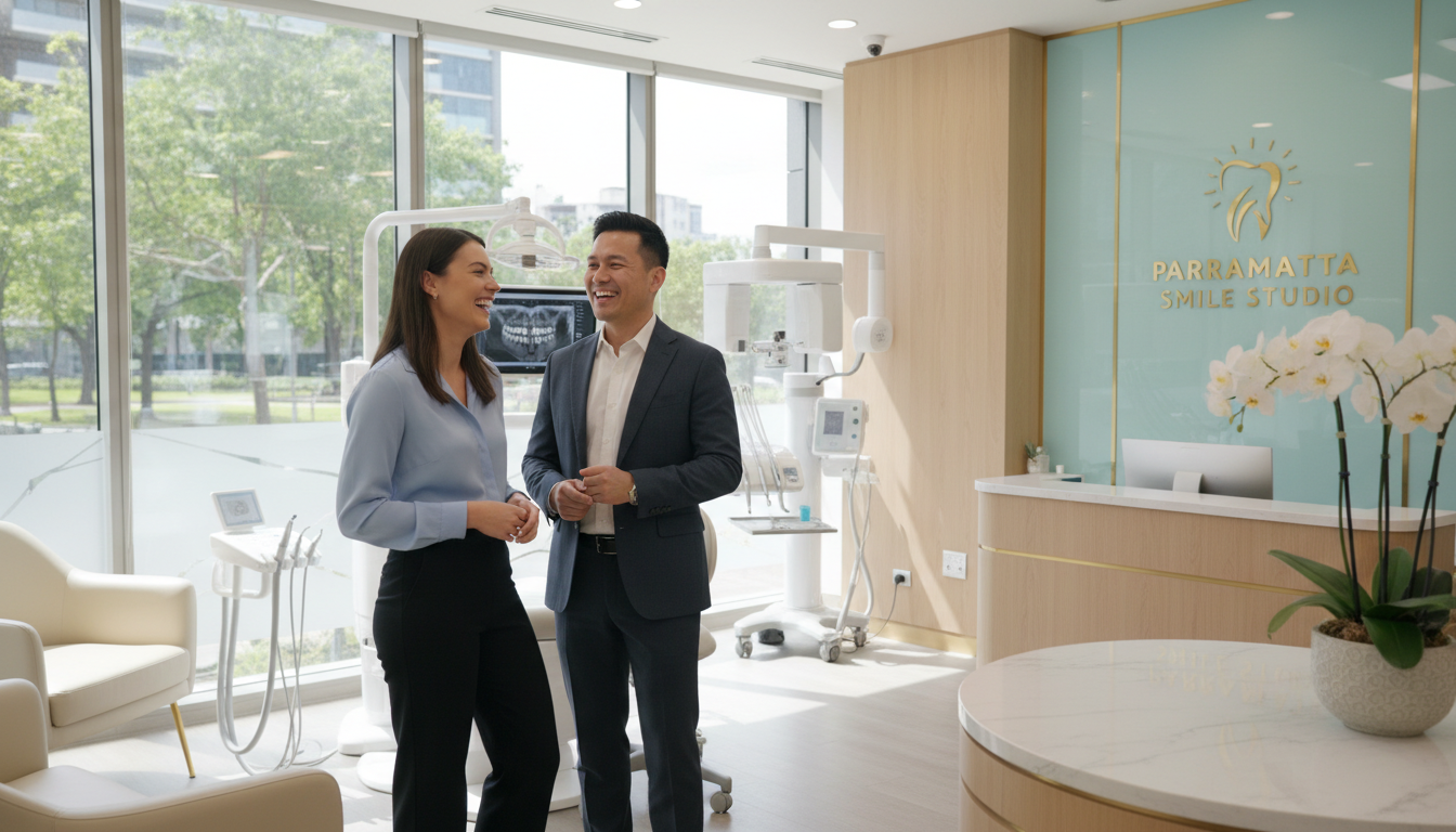 A bright, professional dental clinic interior in Parramatta showing a happy patient with a radiant white smile talking to a friendly dentist.