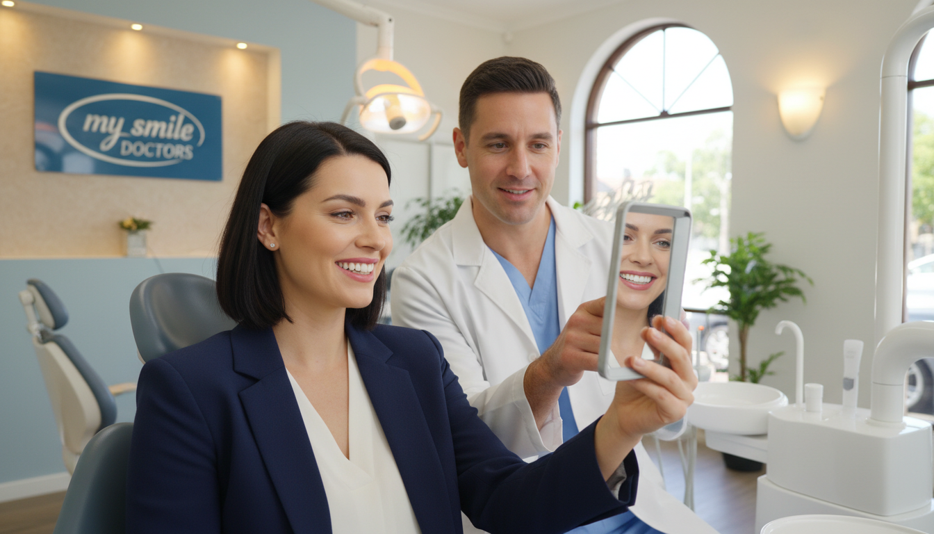A bright, welcoming dental office scene in Parramatta, showcasing the benefits of cosmetic dentistry. In the foreground, a confident, smiling patient in professional attire admires their new smile in a mirror, reflecting happiness and satisfaction. In the middle, a skilled cosmetic dentist, dressed in a white coat, gently interacts with the patient, showcasing a caring, anxiety-free atmosphere. The background features a modern dental setup with state-of-the-art equipment, warm lighting, and calming colors, creating a sense of trust and professionalism. Natural light floods the room, emphasizing cleanliness and comfort. Include subtle elements like the "my smile doctors" logo on a wall, enhancing brand identity. The overall mood is positive, highlighting the transformative impact of cosmetic dentistry.
