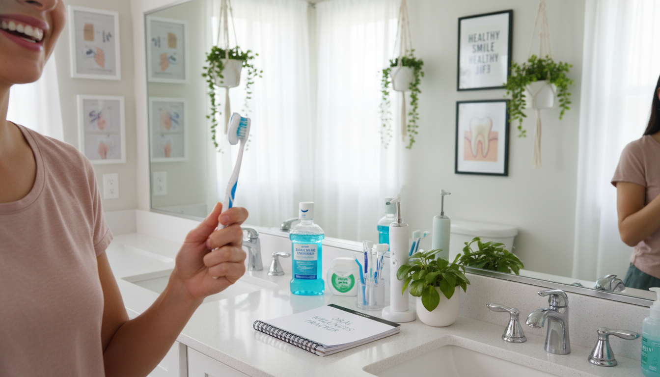 A bright, well-lit bathroom scene showcasing a daily dental care routine. In the foreground, a smiling individual in modest casual clothing holds a toothbrush with a dollop of toothpaste. The middle ground features a mirror reflecting a neatly arranged countertop with a variety of dental care items like floss, mouthwash, and a planner for tracking oral health. In the background, soft lighting casts a warm glow, illuminating fresh plants and dental health posters on the wall. The overall atmosphere conveys cleanliness and positivity, emphasizing the importance of maintaining strong and healthy teeth through essential daily practices. The angle is slightly elevated, capturing both the individual and the organized bathroom space.