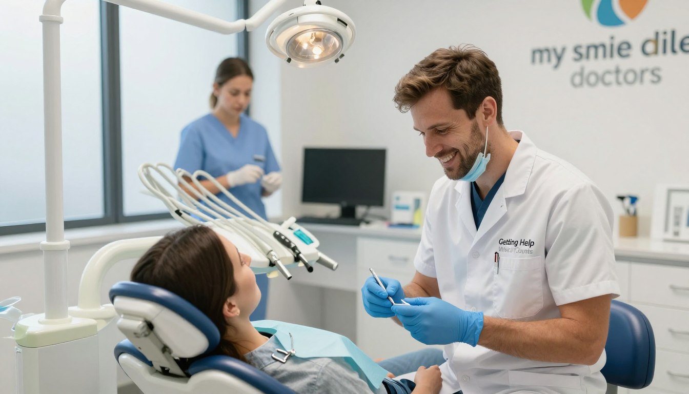 A bustling emergency dentist office in Parramatta, showcasing the theme "Getting Help When It Counts." In the foreground, a friendly dentist in professional attire is gently examining a patient in a dental chair, demonstrating care and urgency. The dentist has short brown hair and is wearing a white coat and blue gloves, while the patient appears relieved and calm. In the middle ground, dental equipment is neatly organized on a counter, and a nurse is preparing materials, looking focused yet attentive. The background features a large window allowing soft, natural light to fill the space, creating a warm and inviting atmosphere. Subtle branding with "my smile doctors" is visible on a wall. The scene conveys a sense of professionalism and support, emphasizing quick relief during a dental emergency.