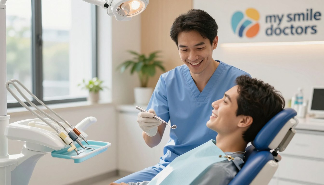 A caring dental professional in a well-lit, modern dental clinic, focusing on a smiling patient in a dental chair. The dentist, dressed in professional scrubs, demonstrates a dental tool with casual confidence, illustrating a personalized approach to oral health. In the background, soothing colors and plants create a calming atmosphere, emphasizing patient comfort. Natural light streams through large windows, producing a warm and inviting ambiance. The foreground features dental instruments neatly arranged on a sanitized tray, symbolizing precision and safety. The brand logo "my smile doctors" subtly integrated into the clinic design, reinforcing trust and expertise in patient-focused dental solutions. The overall mood is friendly and reassuring, showcasing a reliable dental experience.