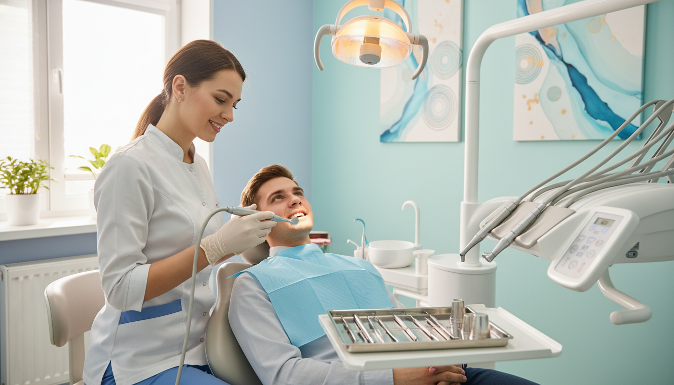 A clean and bright dental clinic setting focused on teeth cleaning. In the foreground, a professional dental hygienist, wearing a white lab coat and gloves, is gently holding a dental tool and smiling reassuringly at a patient in a dental chair. The middle section features an organized dental workspace with sterilized instruments, a mouth mirror, and a state-of-the-art dental light illuminating the area. In the background, calming blue and green colors enhance the serene atmosphere, with soothing artwork on the walls. Soft, natural lighting filters in through a window, creating a warm and inviting ambiance. The overall mood is anxiety-free and welcoming, reflecting a caring approach to dental care.