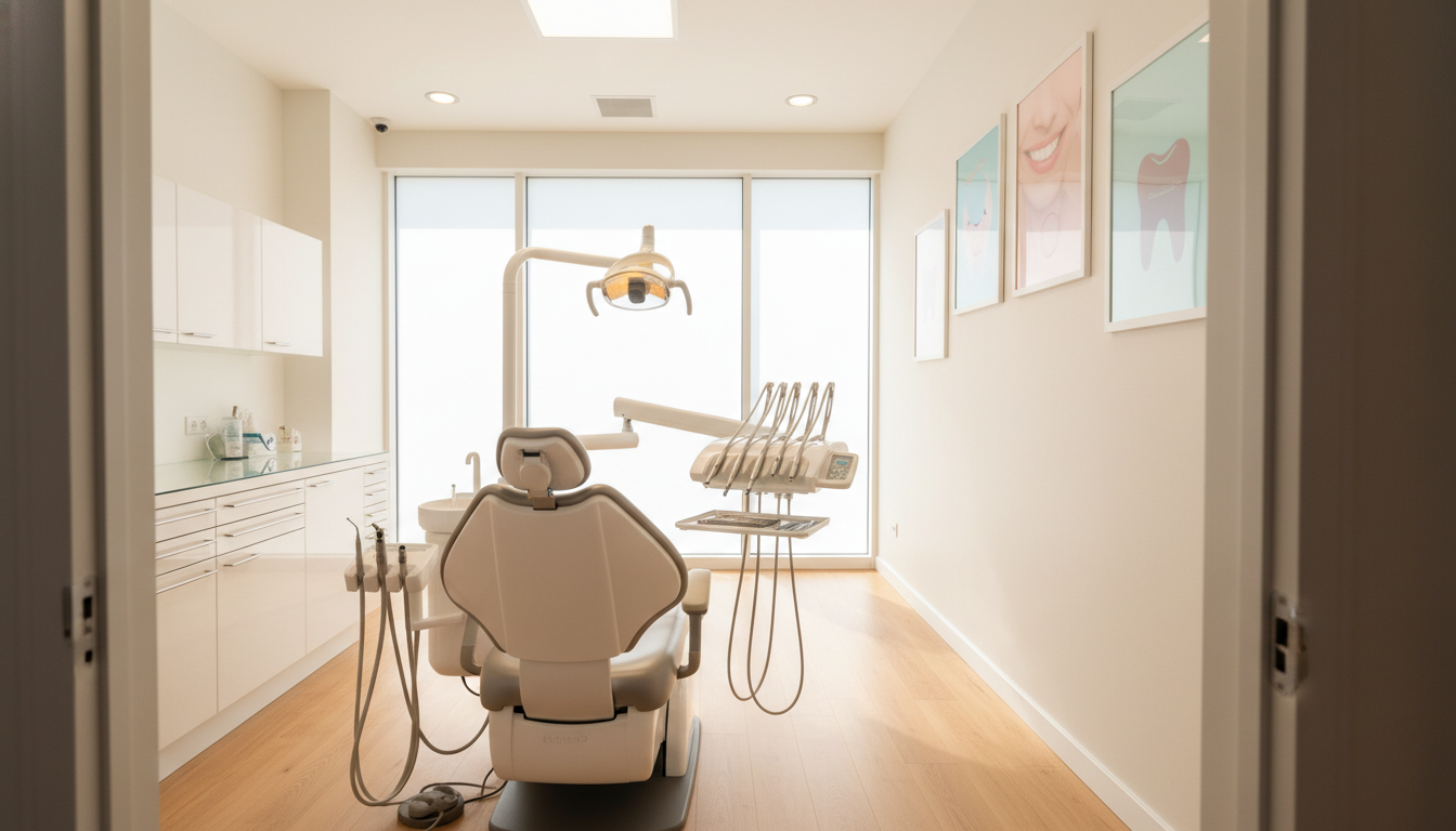 A clean and modern dental clinic interior, showcasing a high-quality dental image background. In the foreground, a sleek dental chair with professional dental instruments neatly arranged on a tray. The middle layer features a bright, well-lit examination area with a large window allowing natural light to flood in, accentuating the polished surfaces. The background displays dental posters highlighting quality care, with soft pastel colors creating a calming atmosphere. The lighting is warm and inviting, using overhead soft LED lights to enhance precision and detail. The angle captures an inviting view from the doorway into the clinic, emphasizing cleanliness and professionalism. The overall mood is reassuring and trustworthy, ideal for conveying exceptional quality standards in dental care. The image contains no text or markings and is carefully composed to reflect a serene dental environment.