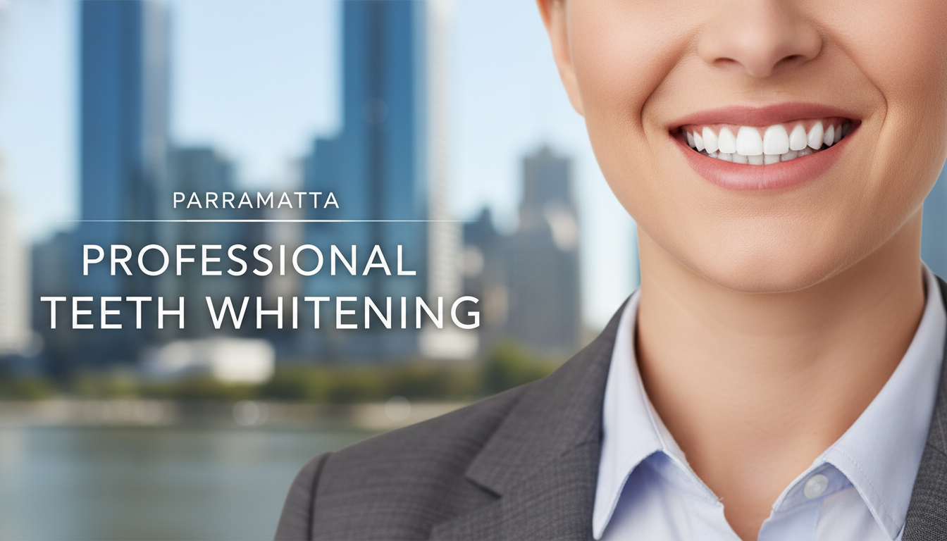 A close-up, bright photo of a person smiling confidently, showcasing clean, white teeth, symbolising professional teeth whitening results in Parramatta.
