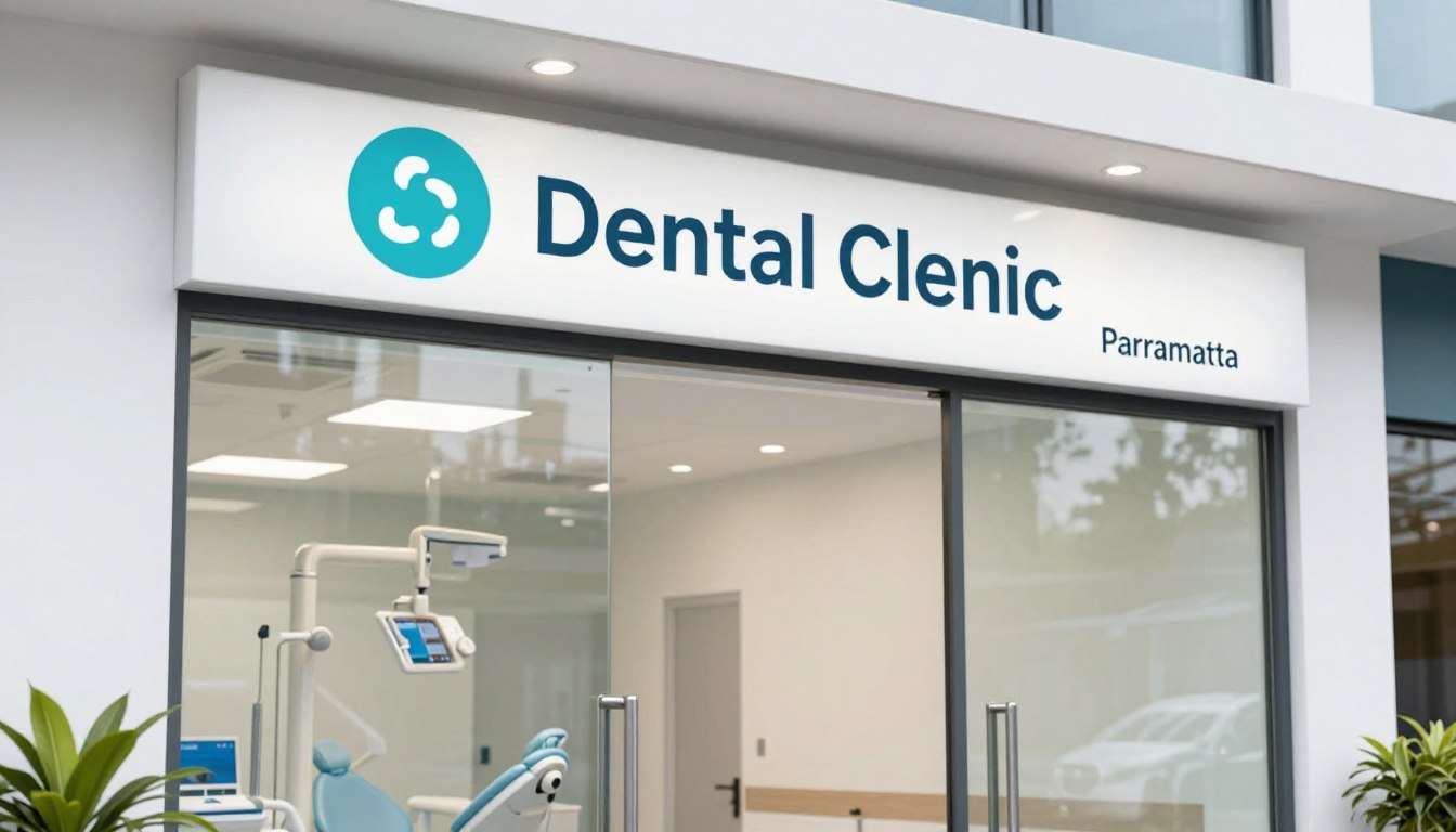 A close-up, high-quality photo of a modern dental clinic entrance in Parramatta, featuring a welcoming sign for emergency patients and a clean, professional medical environment.