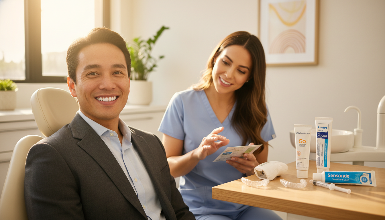 A close-up image of a person in professional business attire, sitting in a dental office with an emphasis on their smiling face and brightened teeth. The foreground features an array of dental care products for teeth whitening, including trays, gels, and a sensitivity relief toothpaste. In the middle ground, a dental hygienist is gently explaining the safety considerations and managing side effects to the patient, who appears attentive and relaxed. The background shows a clean, modern dental office environment with bright, natural lighting illuminating the scene. The mood is reassuring and professional, conveying a sense of trust and care in dental health practices. Focus on a warm color palette to enhance a feeling of wellness and comfort.