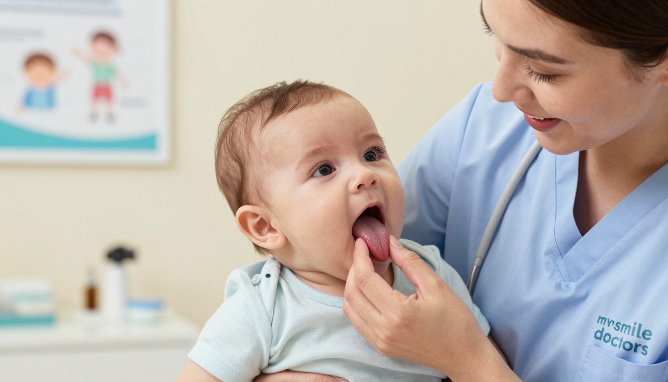 A close-up image of a young infant, gently held by a caring pediatrician in a professional, modest attire, in a soft-lit consultation room. The focus is on the infant’s mouth area, clearly showing the subtle characteristics of a tongue tie, while the pediatrician demonstrates a compassionate expression, emphasizing the nurturing atmosphere. In the background, blurred medical tools and a welcoming infographic about tongue tie can be seen, promoting a sense of expert care and comfort in a healthcare setting. The lighting is warm and inviting, creating a serene mood that underscores the importance of understanding tongue tie. Capture the essence of specialized care in Sydney and Parramatta with the brand name "my smile doctors" integrated within the setting.