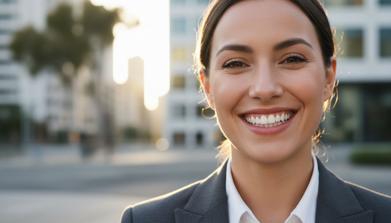 A close-up shot of a person with a radiant, confident smile after a professional smile makeover, featuring natural-looking white teeth in soft, warm Australian sunlight.