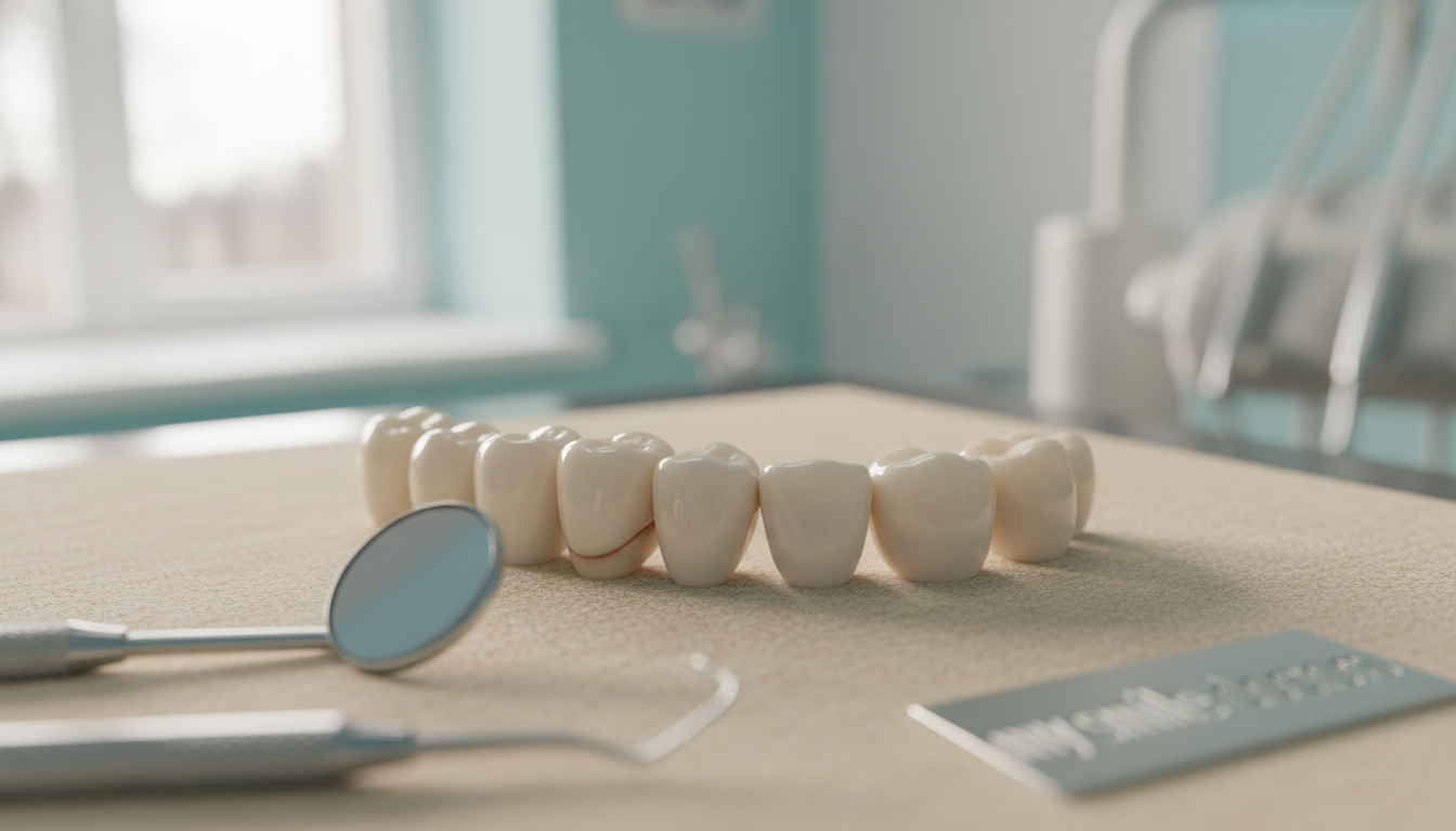 A close-up shot of a set of pristine cosmetic dental crowns arranged elegantly on a soft, neutral-colored surface, reflecting their glossy finish and intricate details. In the foreground, highlight the crowns, showcasing their natural translucence and seamless edges, suggesting superior craftsmanship. In the middle ground, subtly include dental tools like a mirror and explorer to enhance the dental theme. The background features a softly blurred dental clinic, with calming pastel colors and natural light streaming in from a window, creating a serene atmosphere. The overall mood conveys comfort and high quality, reflecting the brand "my smile doctors". Use a macro lens with soft focus to emphasize the intricacies of the crowns while maintaining warmth in the lighting to evoke a sense of trust and professionalism.