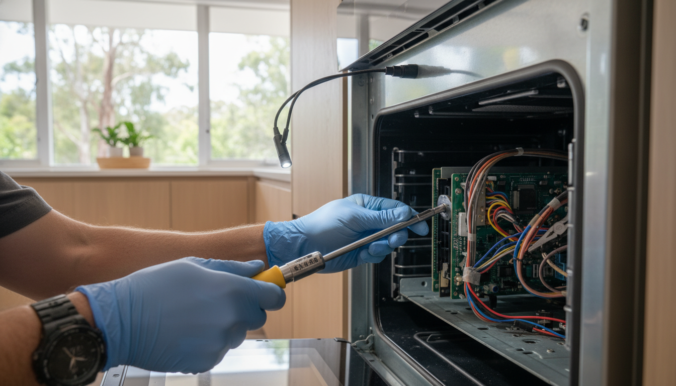 A close-up shot of a technician’s hands using professional tools to repair a modern kitchen appliance in a bright, contemporary Australian kitchen, focusing on precision and care, high-quality lighting.