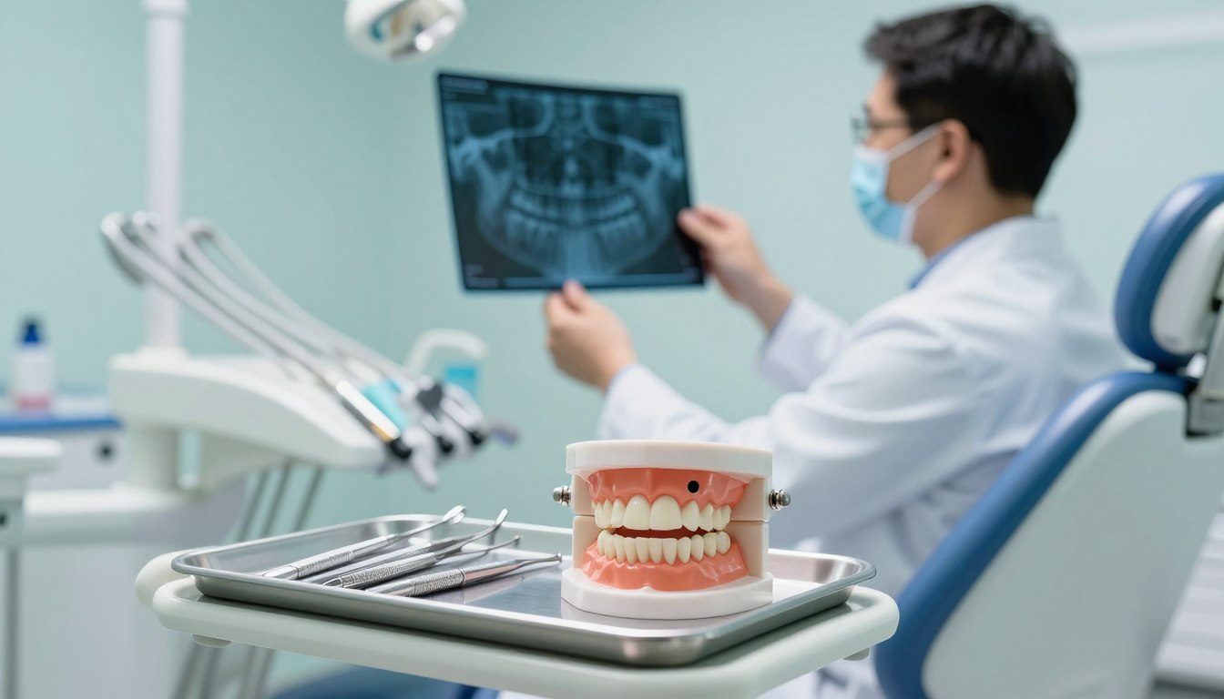 A close-up view of a dental examination room, focusing on a dental chair outfitted with a set of dental tools, meticulously arranged on a nearby tray. In the foreground, a set of wisdom teeth models is displayed prominently, showcasing various signs of complications, such as crowding and impaction. The middle ground features a professional dentist in a white coat, examining an X-ray on a lightbox, representing careful analysis. Background elements include a soothing color palette of soft blues and greens, with gentle lighting that conveys a calm atmosphere. The branding "my smile doctors" subtly integrated into the scene. The overall mood is reassuring and professional, designed to illustrate the importance of recognizing signs that necessitate wisdom tooth removal.