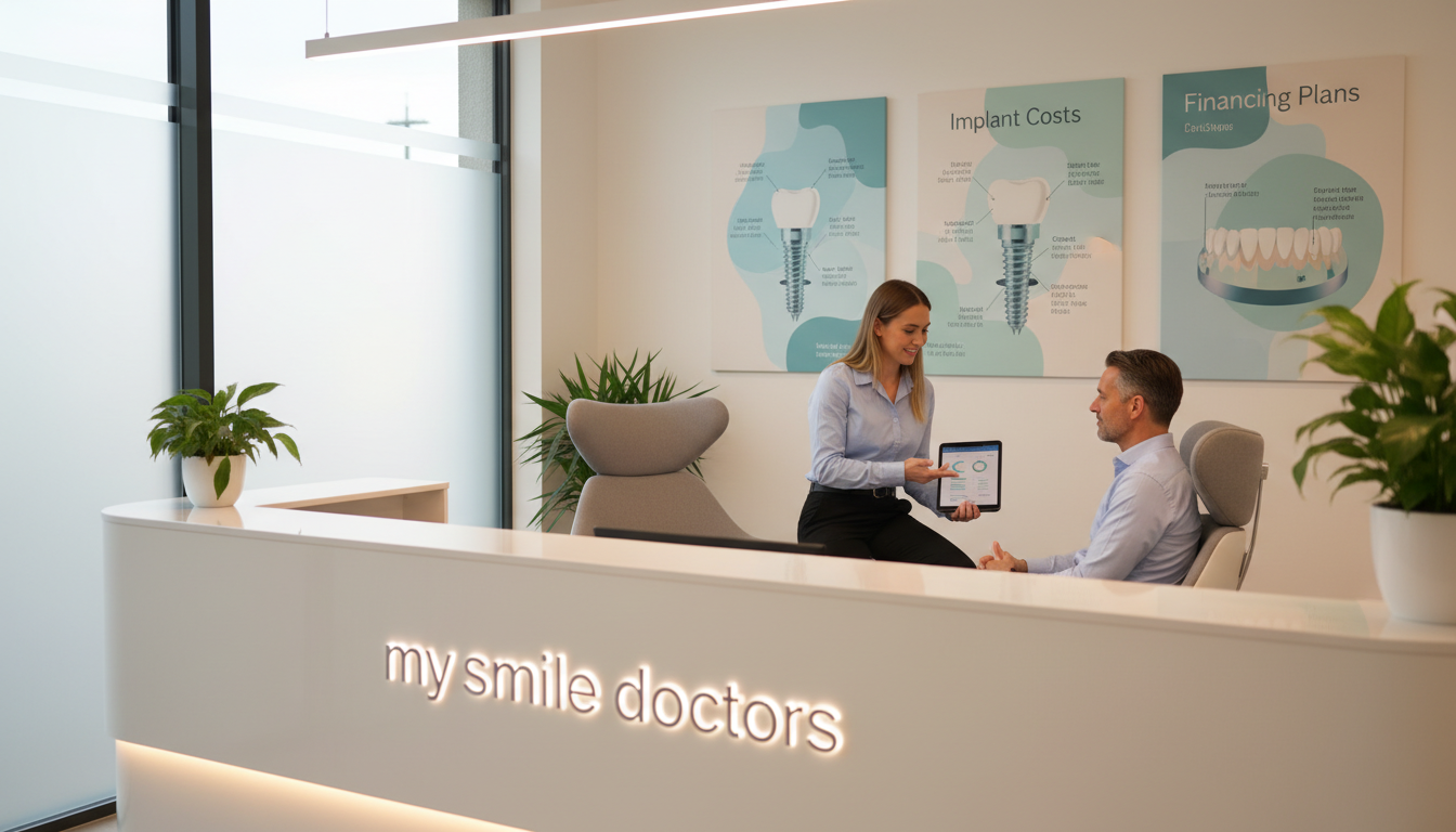 A close-up view of a modern dental clinic reception area, highlighting sleek design and a soothing atmosphere. In the foreground, a polished reception desk with the brand name "my smile doctors" prominently displayed. In the middle, a friendly dental professional, dressed in professional attire, discusses financial options for dental implants with a patient seated comfortably. The background features a calming color palette, with dental posters about implant costs and financing options artistically arranged on the walls. Soft, natural lighting floods the space, creating an inviting and reassuring mood. The angle captures the warmth of the interaction while maintaining a professional environment, emphasizing trust and comfort in dental care decisions.