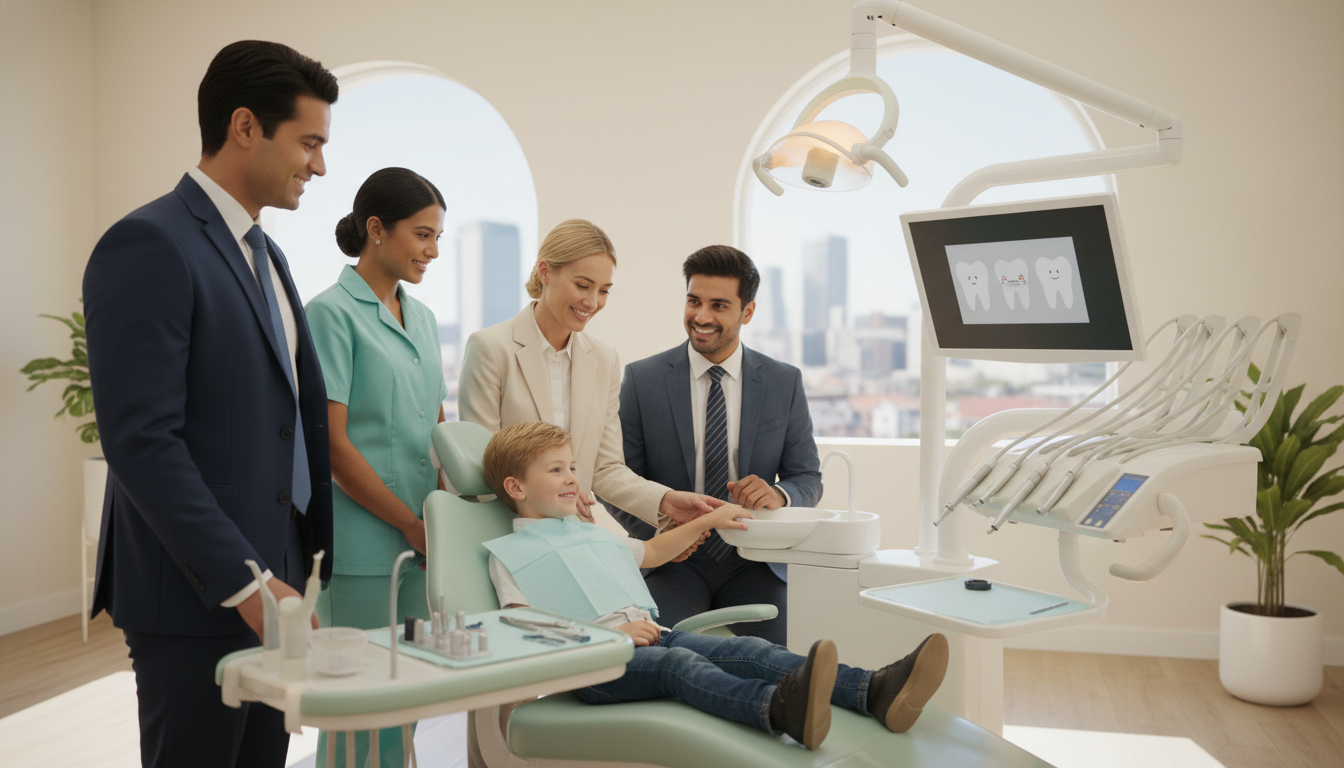 A compassionate dental care team in Parramatta, showcasing a diverse group of four professionals, including two dentists and two dental hygienists, all wearing professional business attire. In the foreground, the team is smiling warmly while interacting with a young patient in a dental chair, creating a nurturing and friendly atmosphere. The middle ground depicts a well-equipped dental clinic with modern tools and soft, inviting decor in calming pastel colors. In the background, large windows allow natural light to flood the room, enhancing the feeling of warmth and compassion. The lighting is soft and even, highlighting the gentle interactions. The angle is slightly elevated, capturing the scene from a viewpoint that emphasizes the care and attention being provided. The overall mood is one of trust and comfort, reflecting a safe and welcoming environment for patients.