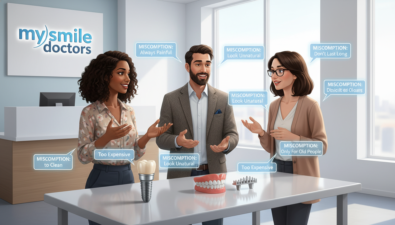 A conceptual illustration representing "Common Misconceptions About Tooth Replacement" focusing on dental care. In the foreground, a diverse group of three professional dental practitioners in modest casual clothing discuss tooth replacement options with expressive gestures. In the middle, display various tooth replacement solutions like dental implants, dentures, and bridges on a sleek table, each adorned with labels depicting misconceptions about their effectiveness and comfort. The background features a bright, modern dental office with clean white walls, the logo "my smile doctors" prominently displayed. Soft, diffused lighting creates an inviting atmosphere, highlighting the dental solutions and the appreciative expressions of the practitioners, conveying a sense of trust and professionalism. The angle is slightly elevated to capture the interaction and display of dental options effectively.