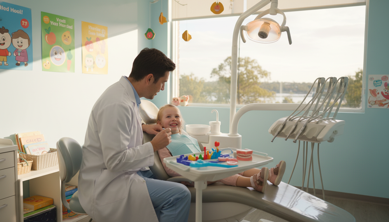 A cozy, well-lit dental clinic in Parramatta, focusing on child oral health care. In the foreground, a compassionate dentist in professional attire gently examines a smiling child, who is seated comfortably in a modern dental chair. The child has a playful expression, showcasing healthy teeth. In the middle ground, colorful posters about dental hygiene decorate the walls, accompanied by child-friendly dental tools on a nearby table. The background features a large window letting in warm, natural light, with a view of Parramatta's greenery. The atmosphere is friendly and inviting, emphasizing a sense of safety and care in oral health across different life stages. The image should evoke a warm, reassuring mood, capturing the essence of gentle, quality dental service.