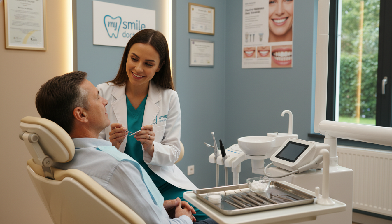 A dental clinic environment showcasing a caring follow-up and maintenance care scenario for dental implants. In the foreground, a dental professional in smart attire gently examines a patient in a dental chair, highlighting attentive care. The middle ground features dental equipment and tools organized on a tray, symbolizing precision and professionalism. In the background, soothing colors and soft lighting create a calm atmosphere, with certificates and posters about dental health on the walls. The focus is on the interaction, emphasizing reassurance and expert care. The overall mood is warm and inviting, reflecting the brand ethos of "my smile doctors," dedicated to patient comfort and health.