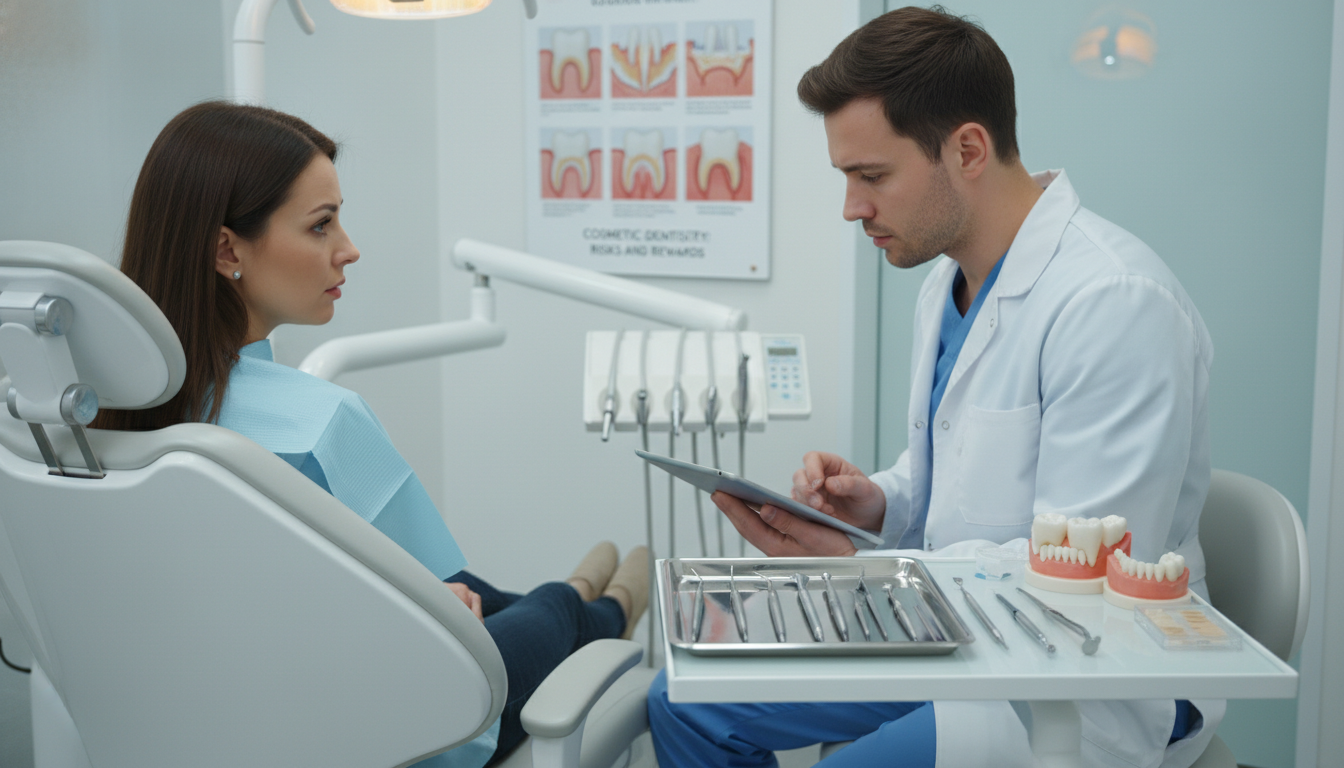 A dental clinic interior showcasing the potential risks of cosmetic dentistry. In the foreground, a patient sits in a modern dental chair, looking apprehensive while a dentist in professional attire examines their dental records. The middle ground displays various cosmetic dental tools and procedures, such as porcelain veneers and dental crowns, strategically placed on a sterile tray. In the background, a large poster illustrates potential side effects like gum inflammation and tooth sensitivity. The lighting is bright and clinical, emphasizing the clean and pristine environment. A slight depth of field adds focus on the dentist and patient, while the atmosphere conveys a mix of hope and caution.