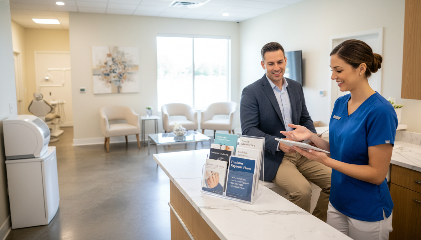 A dental clinic reception scene highlighting flexible payment plans for cosmetic dental treatments. In the foreground, a friendly dental assistant, dressed in professional attire, is discussing payment options with a patient, conveying a sense of trust and support. In the middle, an attractive brochure rack displays various flexible payment plan options, clearly visible and organized. The background features a bright, welcoming dental office with modern decor, soft lighting, and dental equipment subtly placed. The overall atmosphere is inviting and reassuring, with a warm color palette and soft shadows enhancing the feeling of comfort. Use a wide-angle lens to capture the entire scene, emphasizing the interaction between the assistant and the patient.