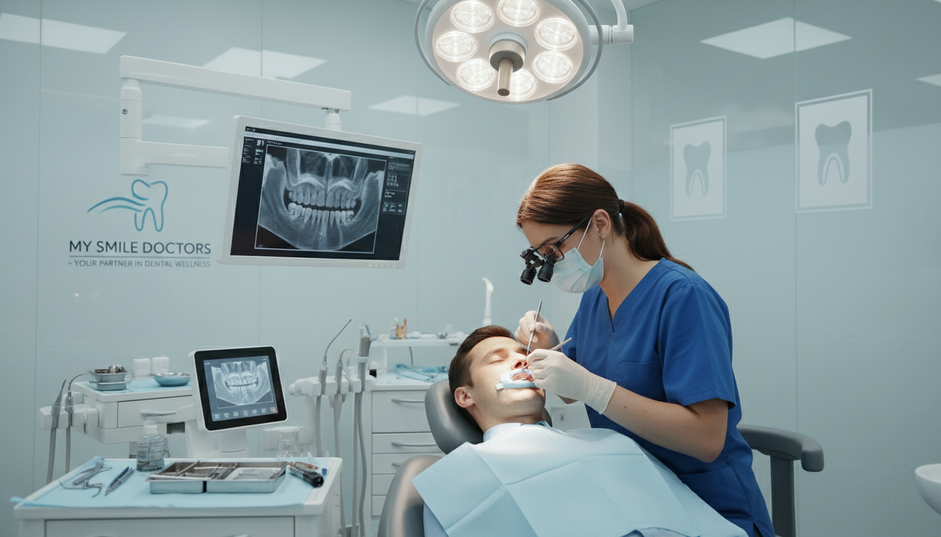 A dental implant surgery scene depicting a modern, sterile surgical room. In the foreground, a skilled dentist in professional attire, wearing a mask and gloves, carefully places a dental implant into a patient’s jaw using precision tools. The patient, also in modest attire, is lying comfortably on a surgical chair, appearing relaxed and at ease. In the middle ground, essential medical equipment and soft lighting illuminate the room, emphasizing a clean and advanced environment. In the background, faint outlines of medical posters related to dental health can be seen. The overall atmosphere conveys a sense of trust, professionalism, and care, showcasing a peaceful surgical experience promoted by my smile doctors.