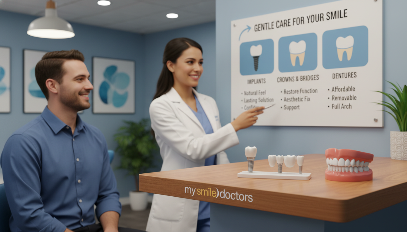 A dental office setting showcasing various tooth replacement options with a focus on gentle care for your smile. In the foreground, display a detailed arrangement of dental implants, crowns, and dentures on a well-lit, polished wooden table. The middle ground features a smiling, professional-looking dentist in a white coat, pointing towards a chart displaying the benefits of each replacement option, emphasizing a caring demeanor. In the background, soft lighting enhances the calming atmosphere of the clinic, with comforting colors like blue and white that evoke serenity. The focus is clear on the dental products and the engaging interaction between the dentist and a patient, both dressed in smart casual attire. The brand name "my smile doctors" subtly integrated into the scene enhances the overall professionalism of the environment.