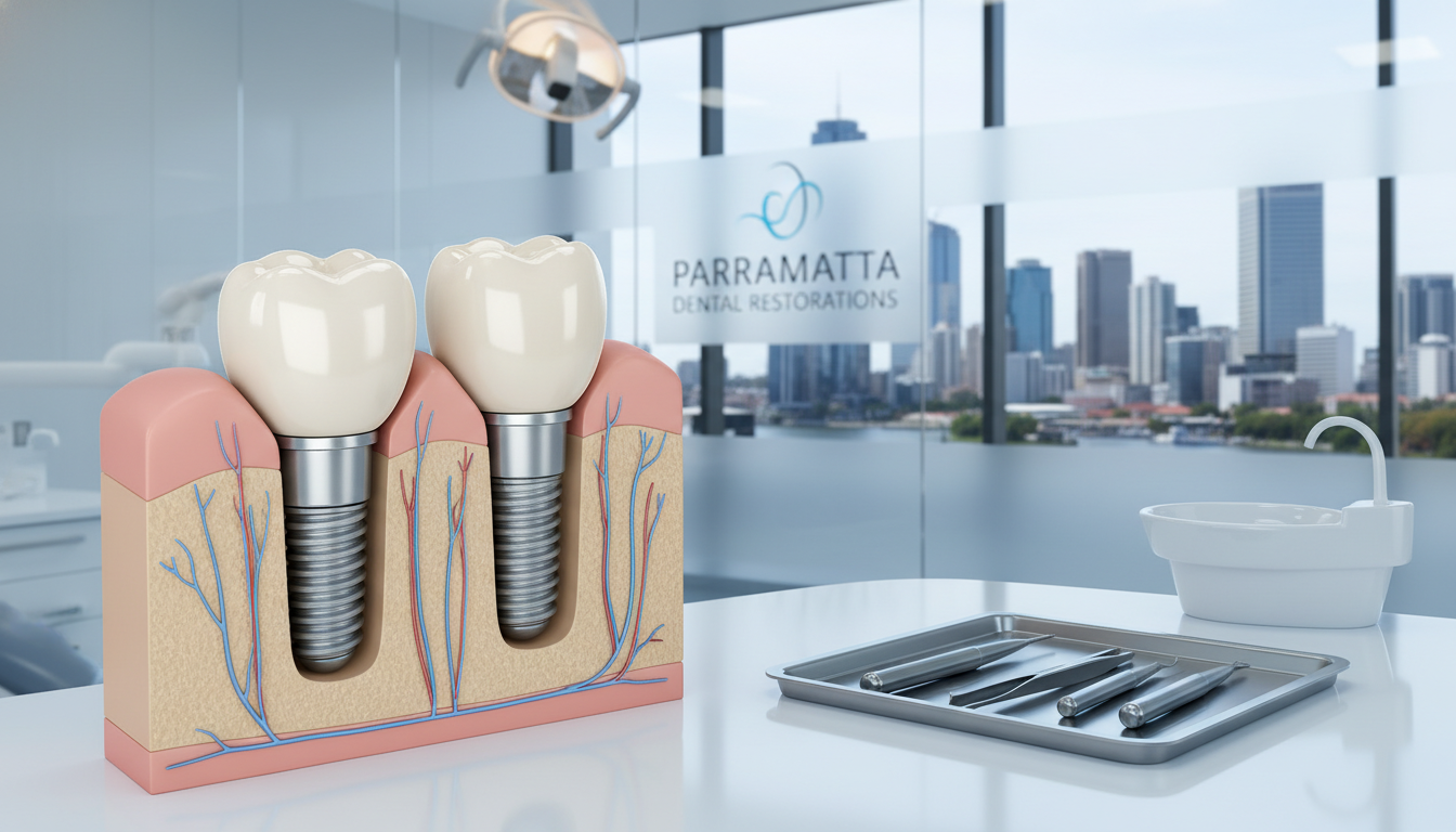A detailed 3D medical illustration of a dental implant being placed in a jawbone, highlighting the precision and restorative nature of the procedure in Parramatta.