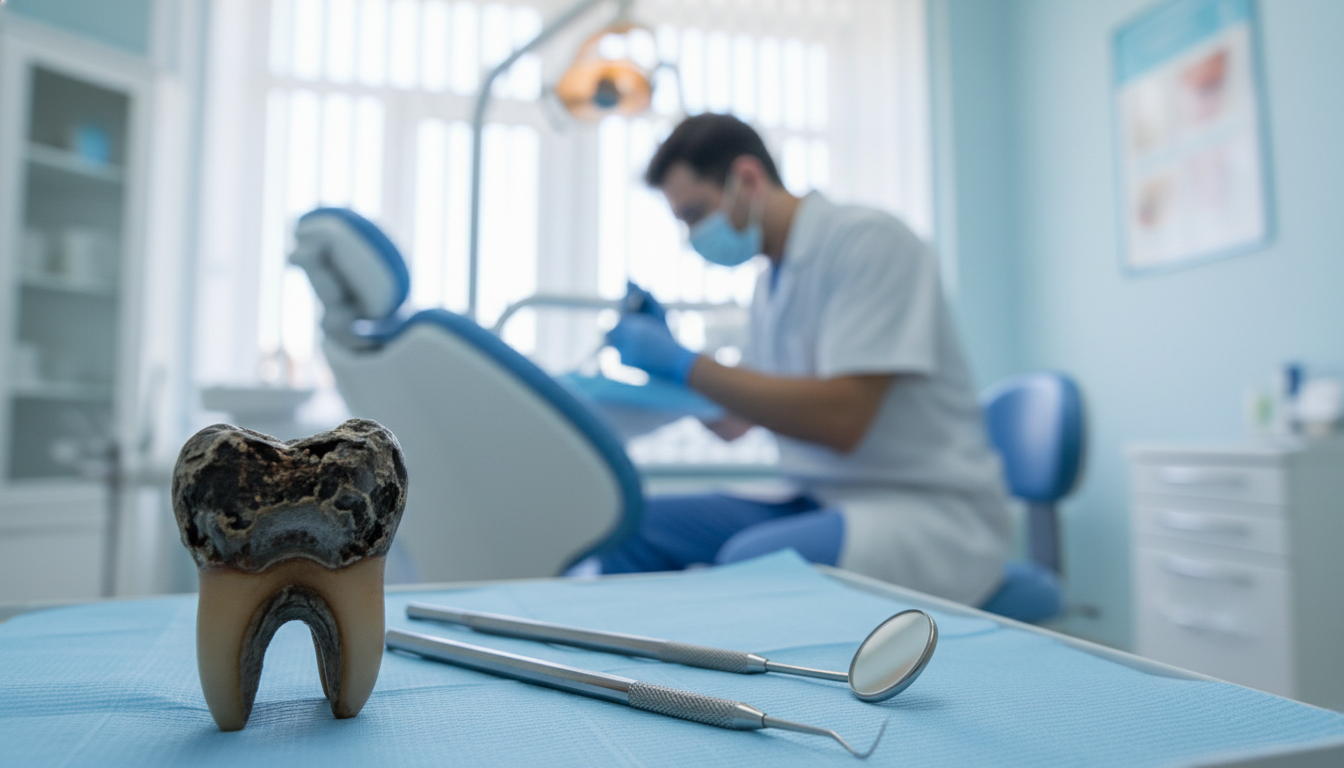 A detailed, close-up depiction of tooth decay, showcasing a decayed molar with brownish-black spots and visible cavities. Surround the tooth with a clean, clinical dental environment, including dental tools like an explorer and mirror in the foreground. In the middle ground, include a soft-focus dental chair and the outline of a dentist in professional attire, gently examining the tooth. The background features a bright, well-lit dental office with calming colors, such as light blues and whites, to create a reassuring atmosphere. Use soft, diffused lighting to highlight the tooth’s texture and color variations, emphasizing the deteriorating enamel. The image should evoke a sense of awareness and education about oral health conditions.