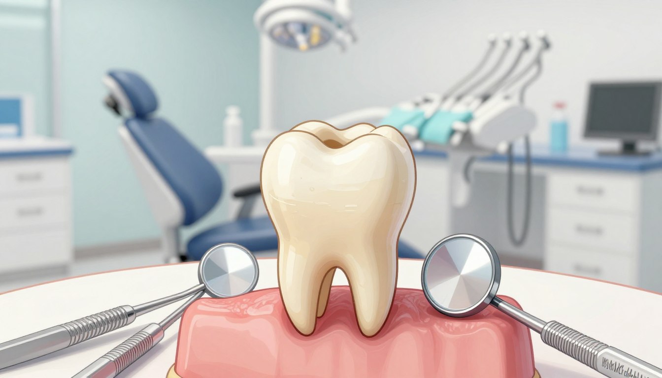 A detailed illustration of wisdom teeth, focusing on a close-up view that showcases their typical size and shape. The foreground features a single wisdom tooth, emphasizing its intricate surface texture and roots, surrounded by dental tools like a pliers and dental mirror, symbolizing their removal process. In the middle background, a dentist’s chair and a serene clinic environment, showcasing bright lighting that gives a clean and professional ambiance. The scene should evoke feelings of trust and care, with soft, natural colors predominating to emphasize cleanliness and comfort in the dental setting. Capture this in a wide-angle lens perspective, allowing the viewer to feel part of the clinical environment while highlighting the theme of dental care by "my smile doctors".
