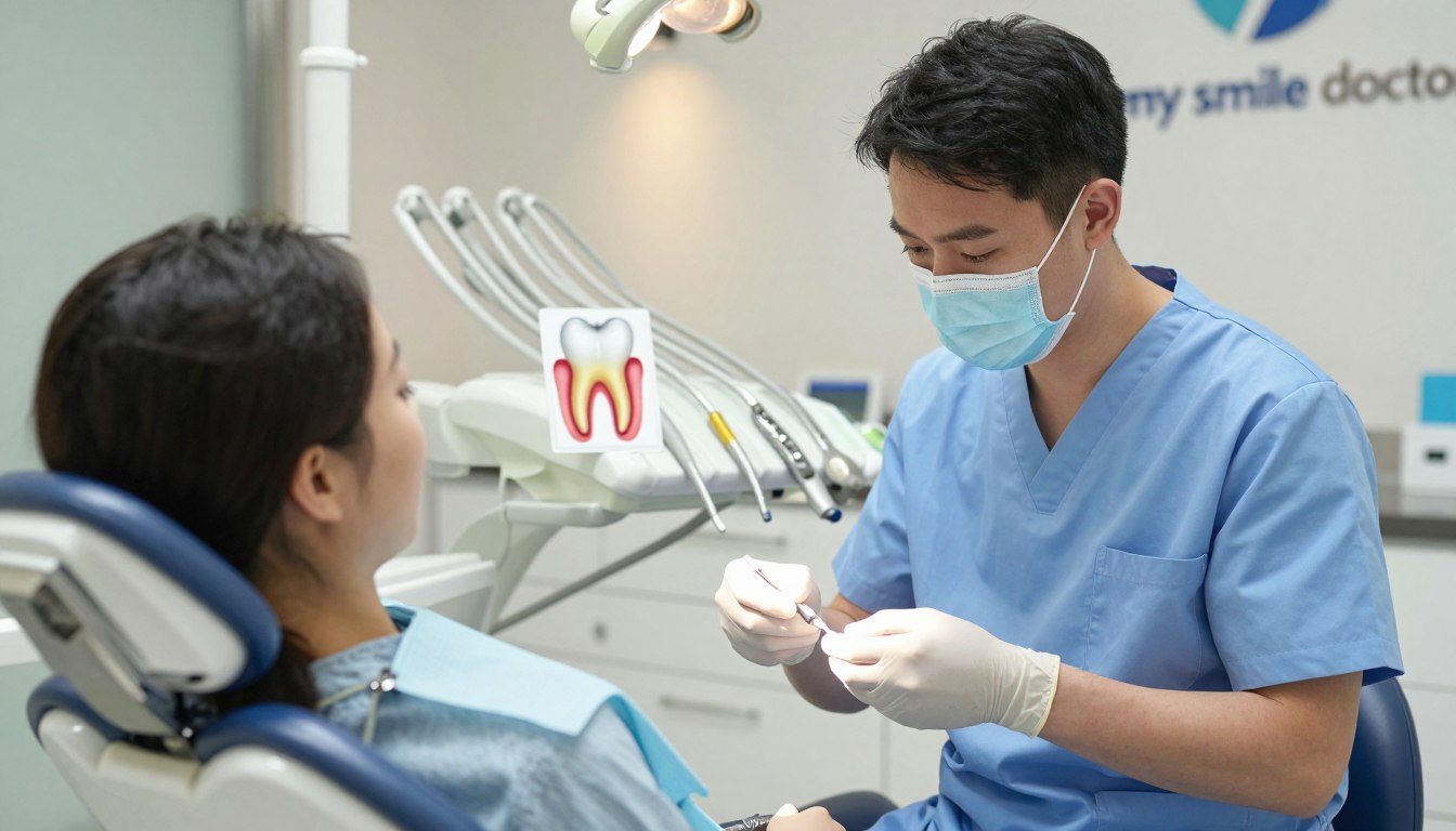 A detailed scene depicting the significance of root canal treatment for dental health, showcasing a serene dental office environment. In the foreground, a dentist wearing professional attire gently explains a root canal procedure to a patient seated in a dental chair, both expressing calmness and professionalism. In the middle, display dental tools and a diagram of a tooth highlighting the root canal process, symbolizing education and care. The background features soft, warm lighting and modern dental equipment, creating a welcoming atmosphere. The color palette should emphasize soothing blues and whites, promoting a sense of cleanliness and trust. Incorporate soft shadows for depth, and include the brand name "my smile doctors" subtly on a wall in the background, ensuring a clean and focused image without distractions.