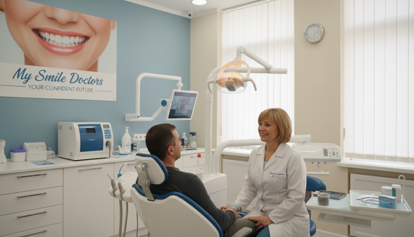 A friendly and approachable dental implant specialist in a well-lit clinic interior displaying a soothing color palette of soft blues and whites. The specialist, a middle-aged professional wearing a crisp white coat and a gentle smile, is seen consulting with a patient seated comfortably in a modern dental chair. In the background, dental tools and a radiant smile poster are visible, enhancing the atmosphere of care and professionalism. The lighting is warm and inviting, creating a reassuring ambiance. The image should convey trust, compassion, and expertise, capturing the essence of "my smile doctors." The composition should be captured at eye level with a slight depth of field to keep the focus on the interaction between the specialist and the patient.