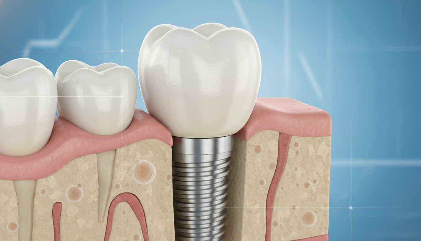 A high-detail 3D render of a single titanium dental implant post with a natural-looking porcelain crown, showing its integration with the jawbone.