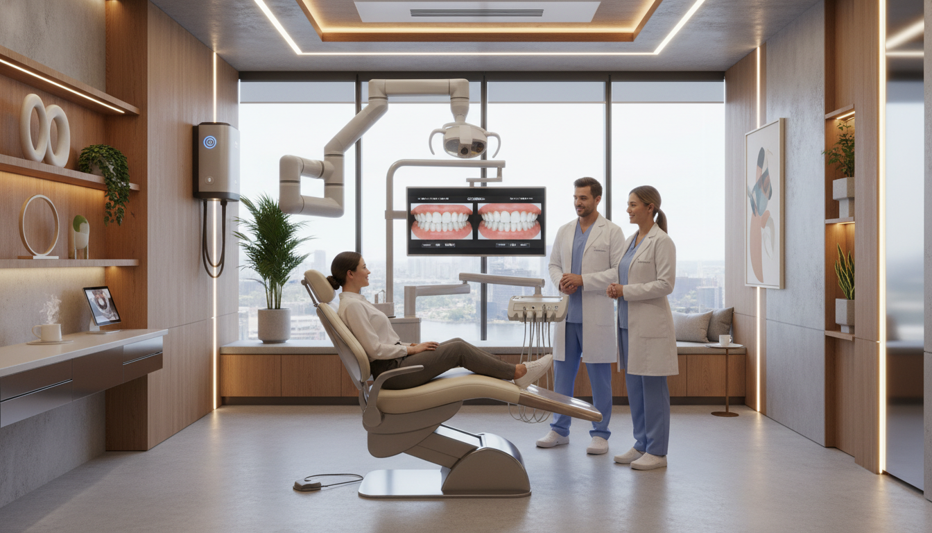 A high-end, modern dental surgery room in Parramatta, Australia, featuring advanced technology and a warm, welcoming atmosphere with soft ambient lighting.