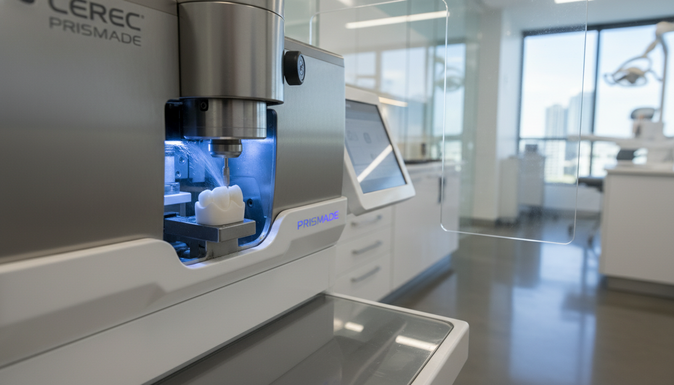 A high-precision dental milling machine in a modern Parramatta clinic, crafting a translucent ceramic dental crown from a solid porcelain block, cinematic lighting, medical-grade technology.