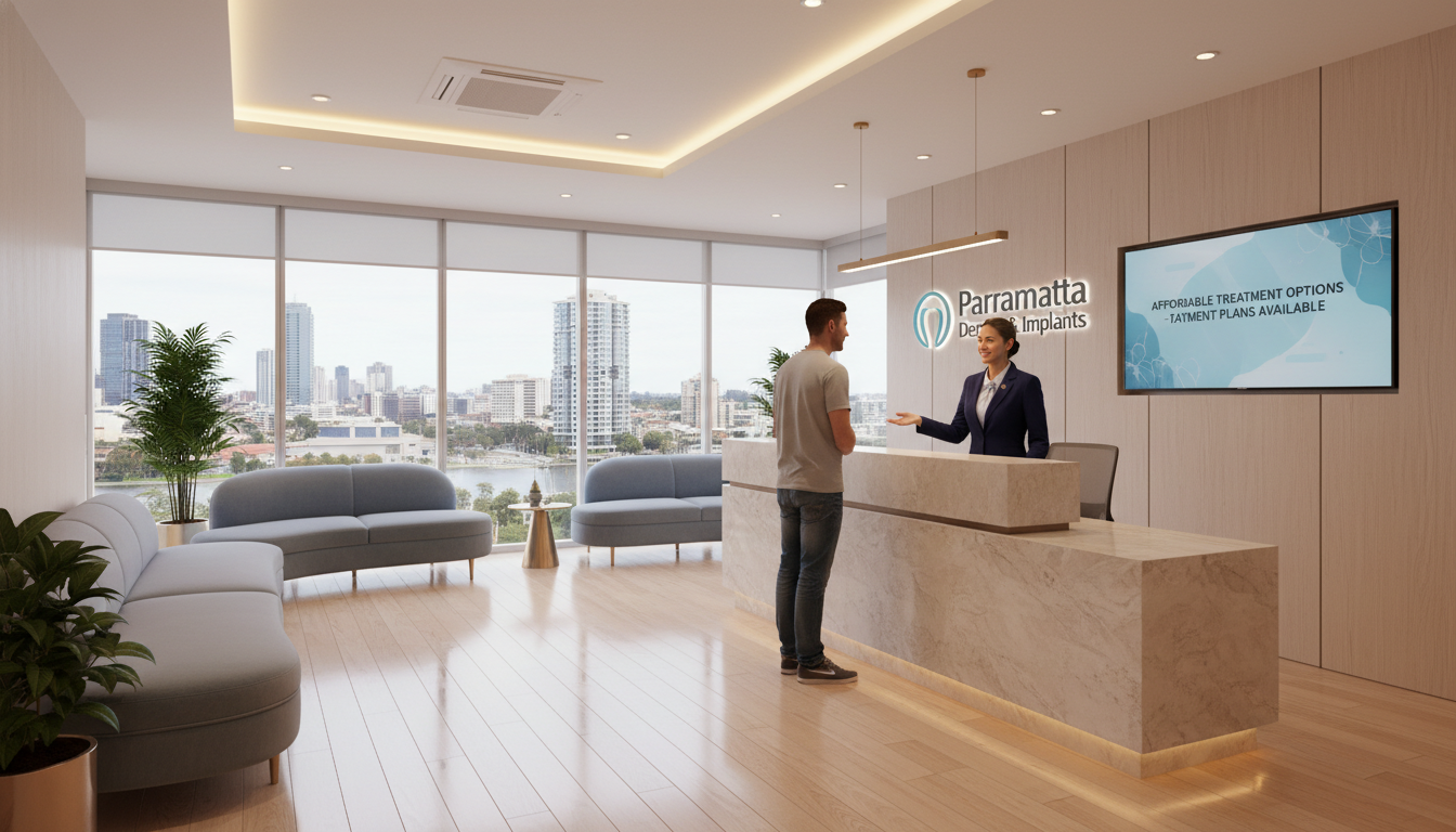 A high-quality 3D render of a modern, warm dental clinic reception in Parramatta with a friendly receptionist discussing affordable treatment options with a patient.