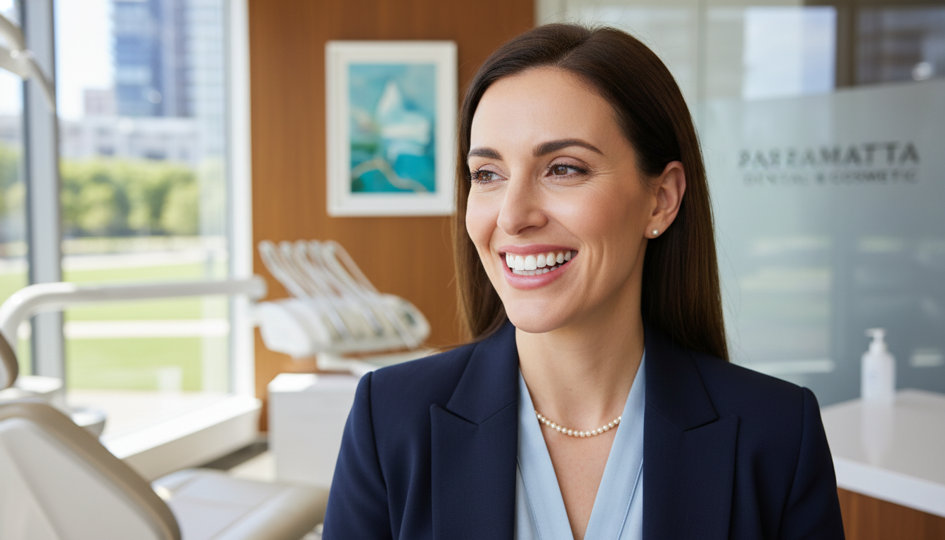 A high-quality, close-up photo of a patient's bright white smile in a modern, sunlit Parramatta dental clinic, showing natural results and a comfortable atmosphere.