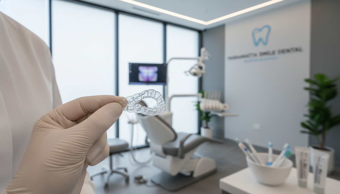 A high-quality, close-up photograph of a clear Invisalign aligner being held by a hand in a modern, sunlit Parramatta dental clinic, showcasing the transparency and sleek design of the orthodontic device.
