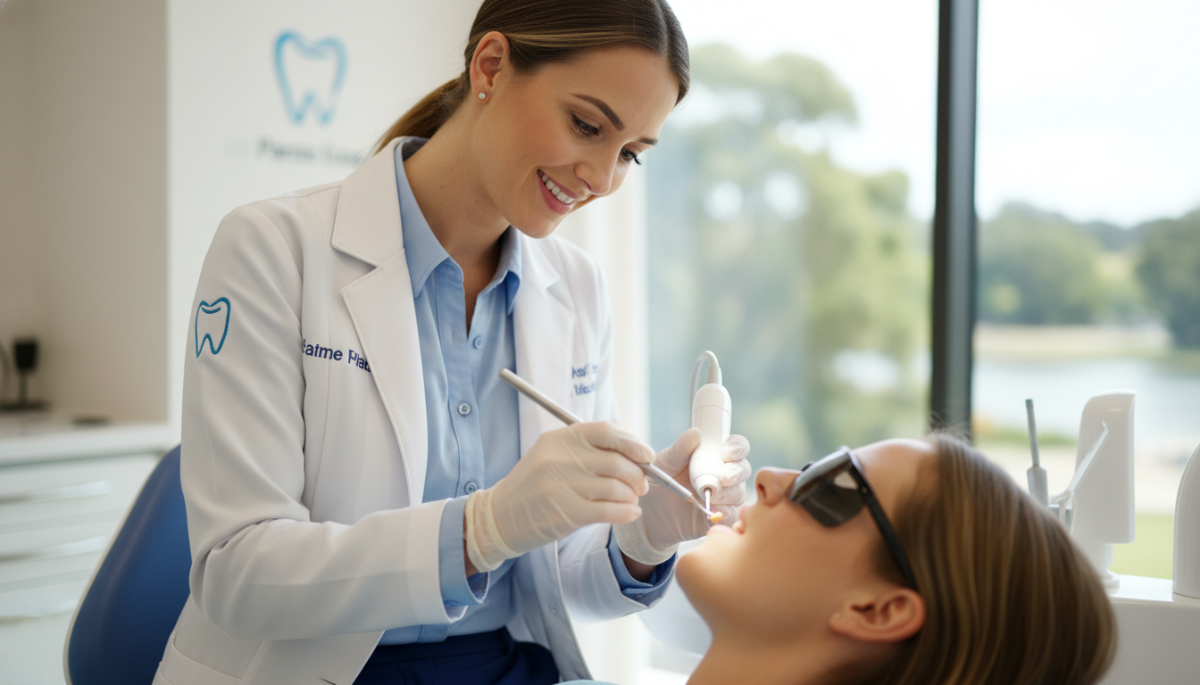 A high-quality, close-up photograph of a friendly dentist in a modern Parramatta clinic gently applying a tooth-coloured resin to a patient's tooth, soft natural lighting, professional and caring atmosphere.