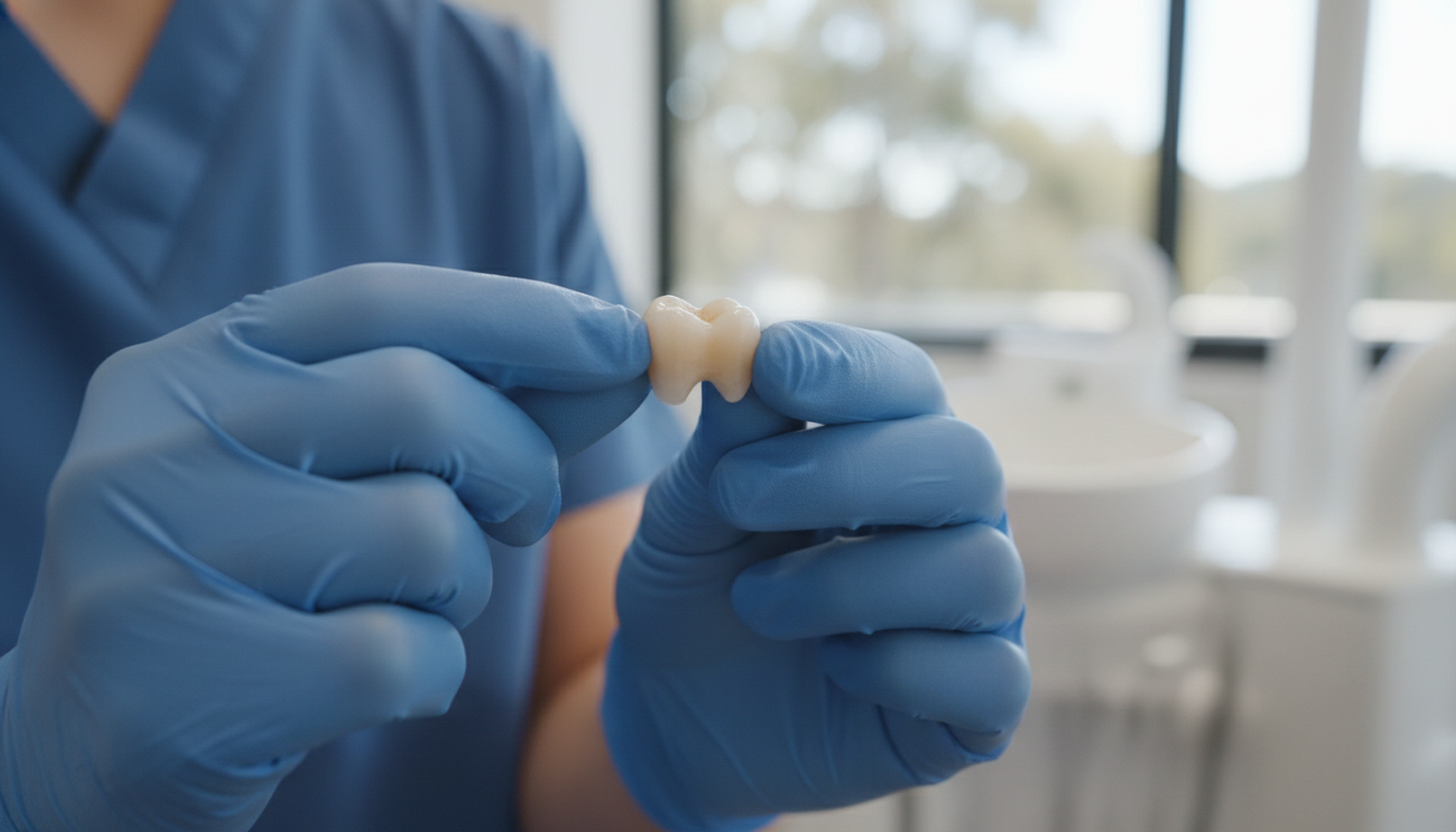 A high-quality, close-up photograph of a natural-looking porcelain dental crown being held by a dentist wearing blue clinical gloves, set against the soft-focus background of a modern Australian dental surgery.