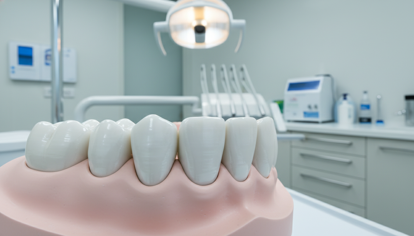A high-quality, close-up photograph of a professional dental crown and bridge restoration made of white porcelain, placed on a dental model, showcasing a natural and realistic texture, bright clinical lighting, Australian dental clinic setting.