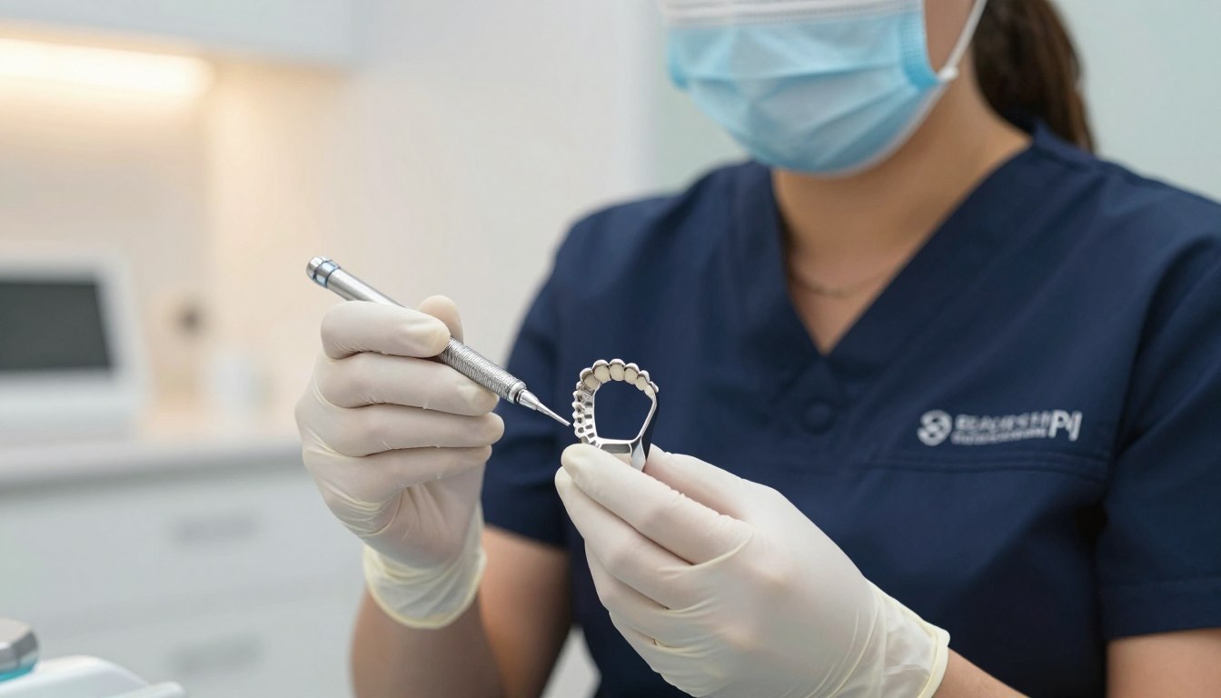 A high-quality, close-up photograph of a professional dentist in Parramatta holding a precision-crafted dental crown, showing a clean, modern clinic background with soft, warm lighting.